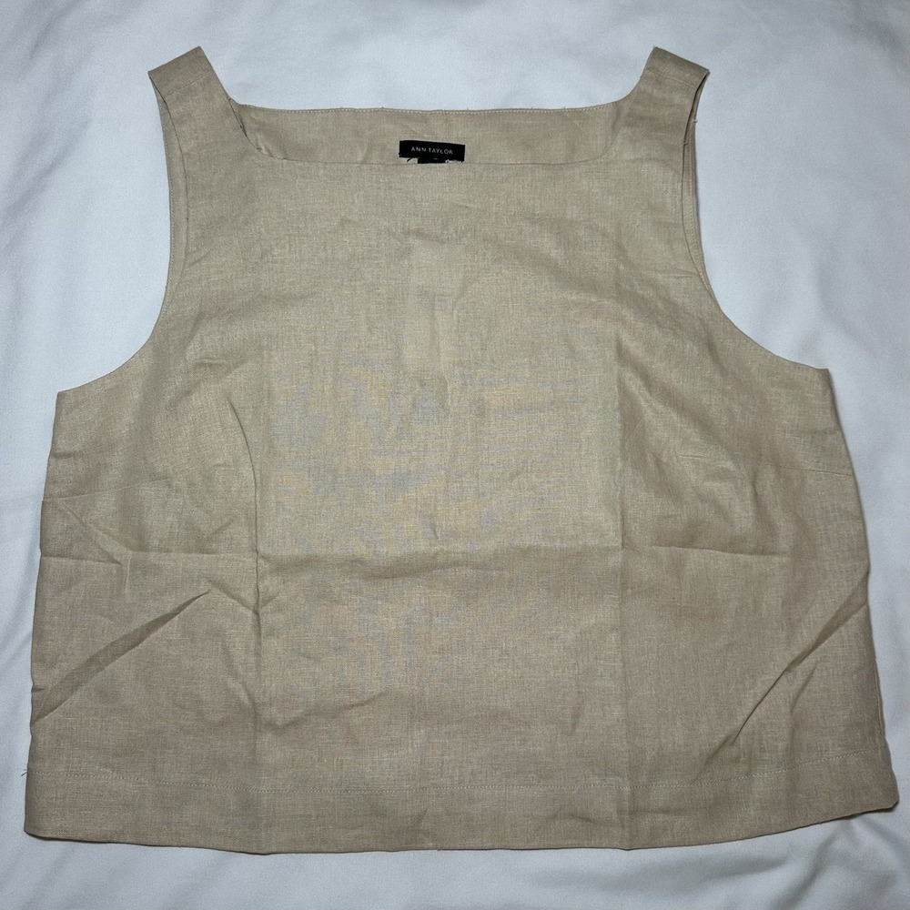 Ann Taylor Tan Linen Blend Cropped Square Neck Sleeveless Tank Top XS NWT